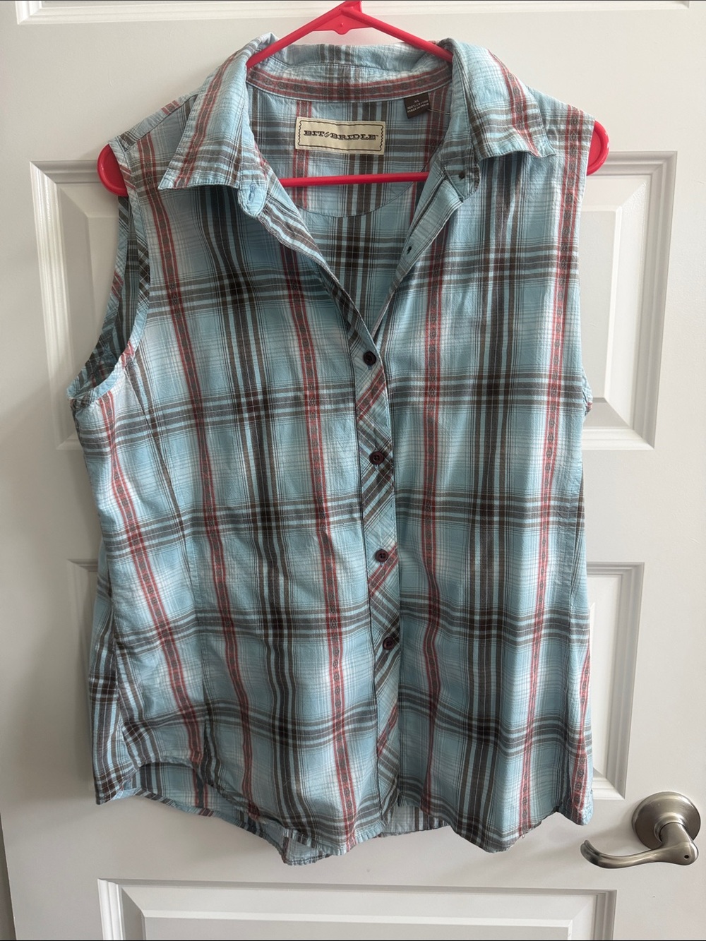Bit & Bridle Blue and Brown Plaid SZ XL Button Up Sleeveless Cotton Blouse.